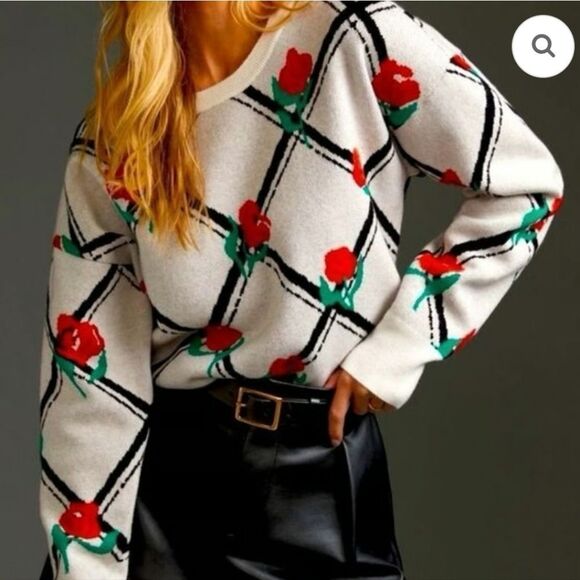 Anthropologie Maeve Crewneck Trellis Rose Floral Pullover Sweater Size Large - Picture 10 of 11